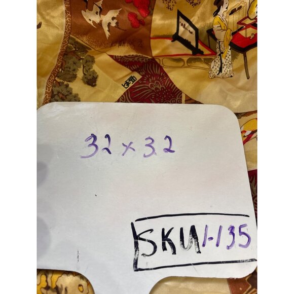 Vintage Asian-Inspired Silk Scarf With Traditional Artwork & Calligraphy - Picture 8 of 8